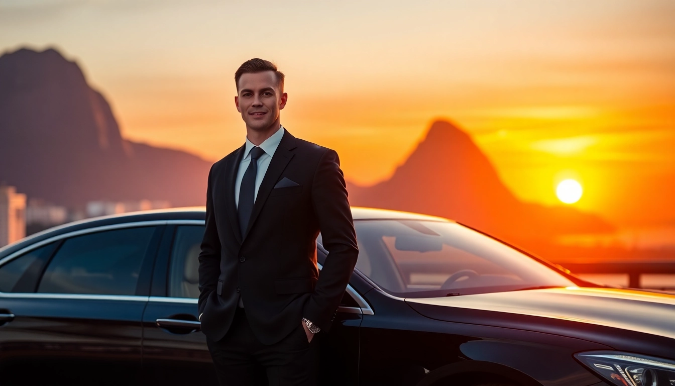 Experience a professional chauffeur service Rio with a luxury sedan ready for clients at sunset.