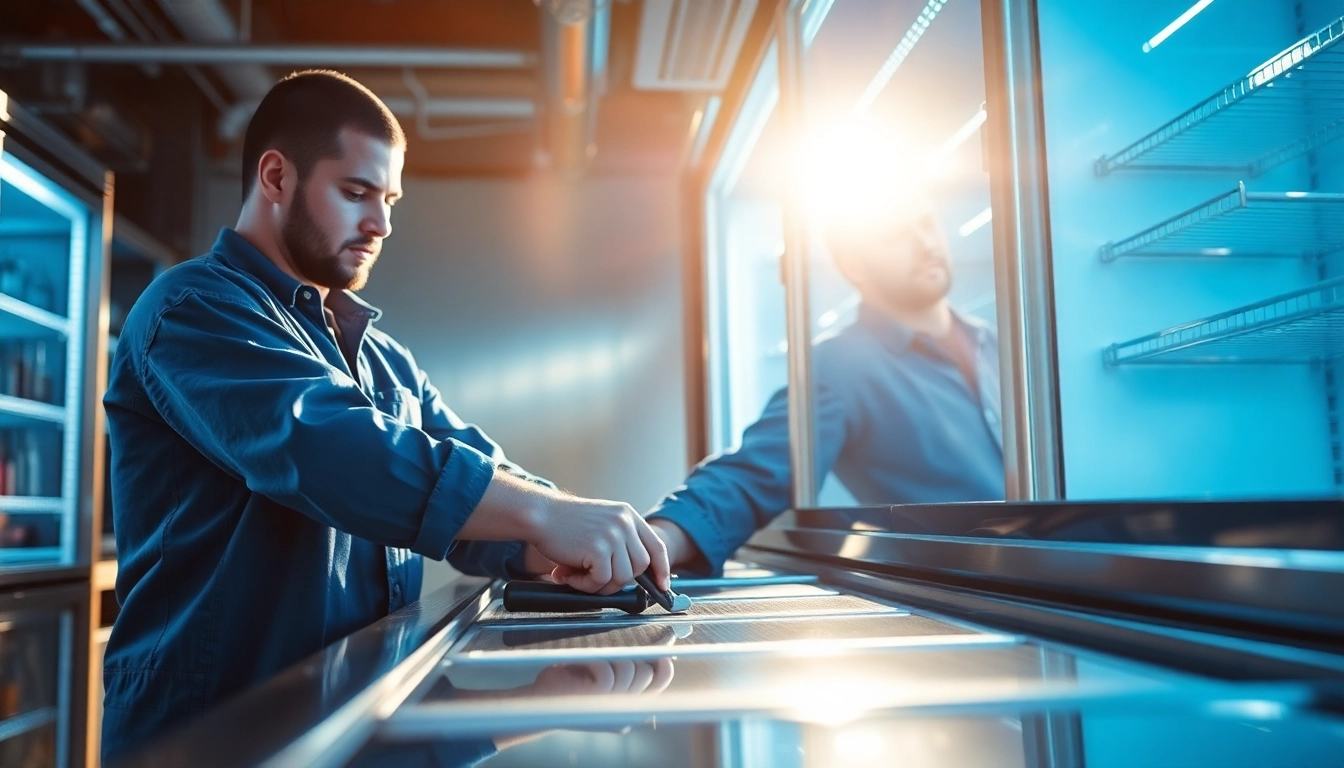 Technician conducting bar refrigeration repair on a commercial cooler unit for optimal performance.