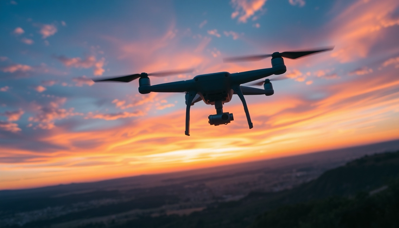 Aerial photography drone camera captures stunning sunset landscapes with vibrant colors and dramatic scenery.