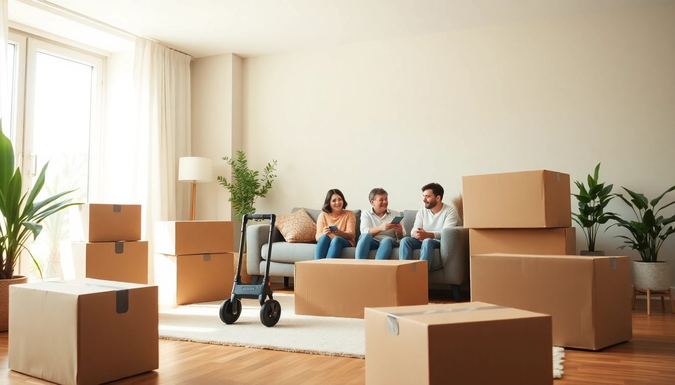 Moving boxes in a bright living room showcasing removal companies Bingley and their professional service.