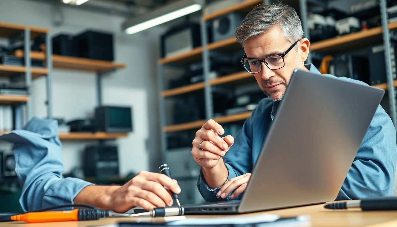 Riparazione pc torino in un laboratorio moderno con un tecnico al lavoro su un laptop.