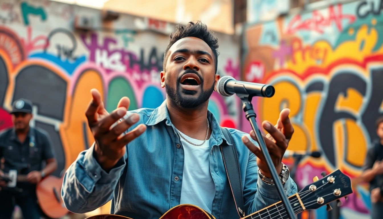Capture social commentary through music with a passionate musician and vibrant urban art.