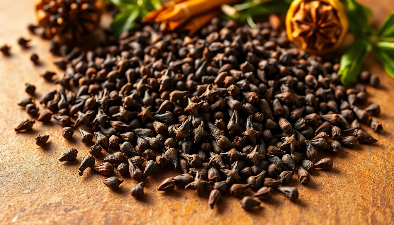 Cloves scattered artfully on rustic wood, showcasing their rich texture and color.