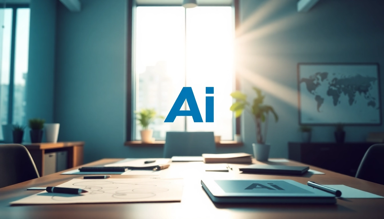 Create a custom AI logo design displayed prominently on a desk with design tools and sketches.
