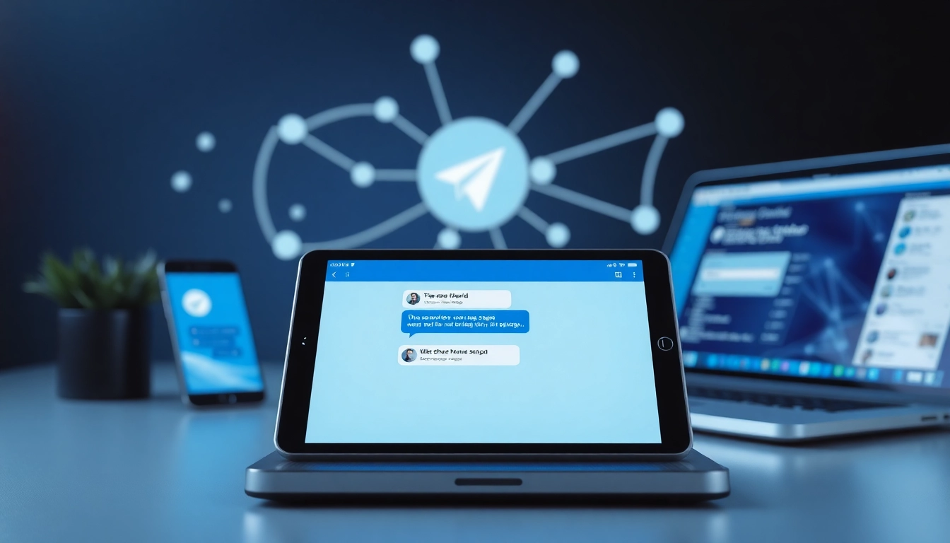 Explore the features of 电报官网 with a sleek interface displayed across multiple devices.