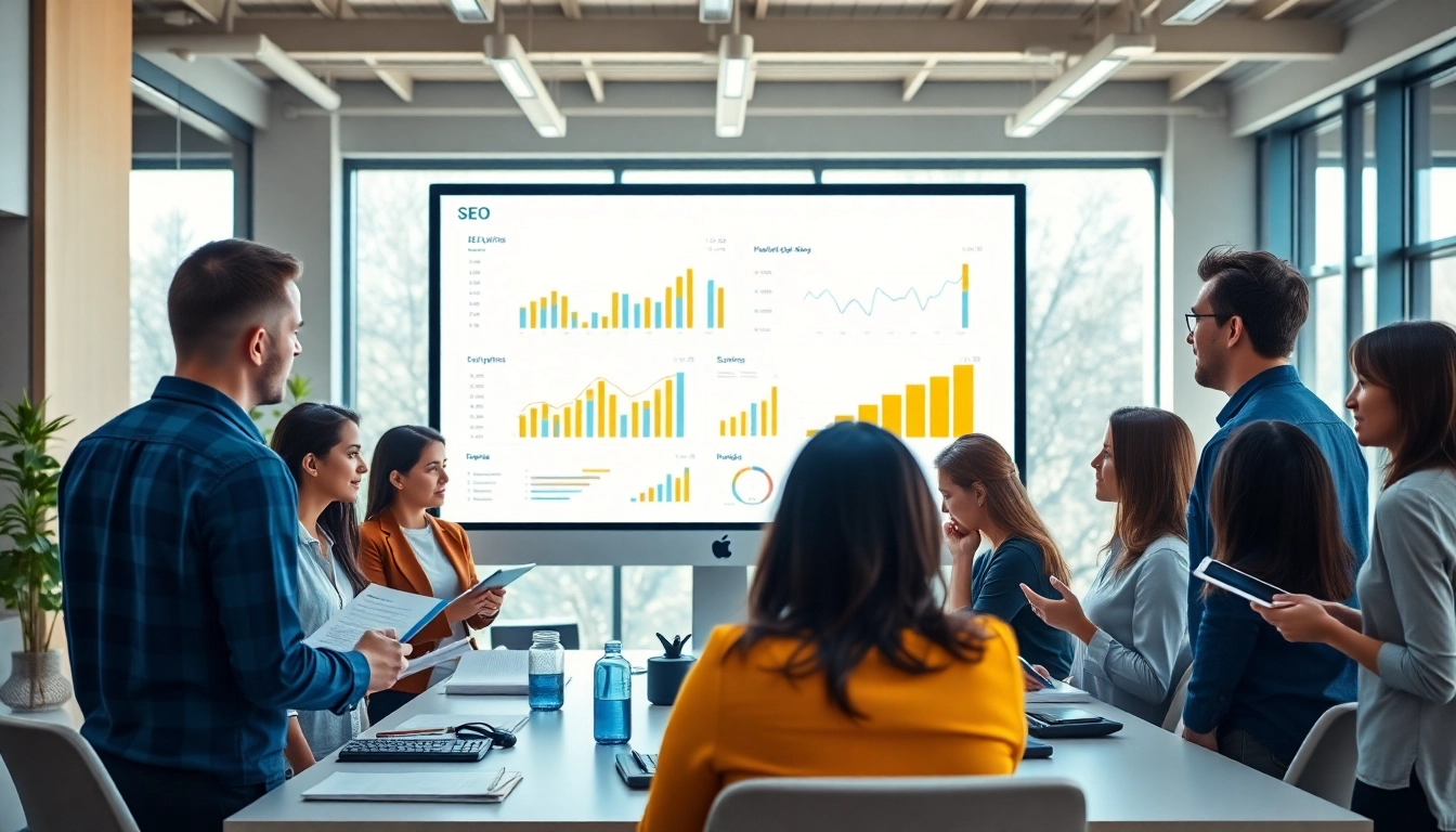Engaging team analyzing Edmonton SEO strategies in a modern office environment.