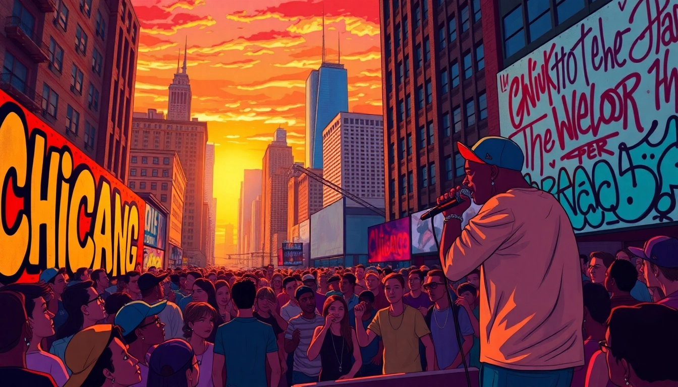 Rapper performing against Chicago skyline backdrop, showcasing vibrant Chicago rap lyrics culture.