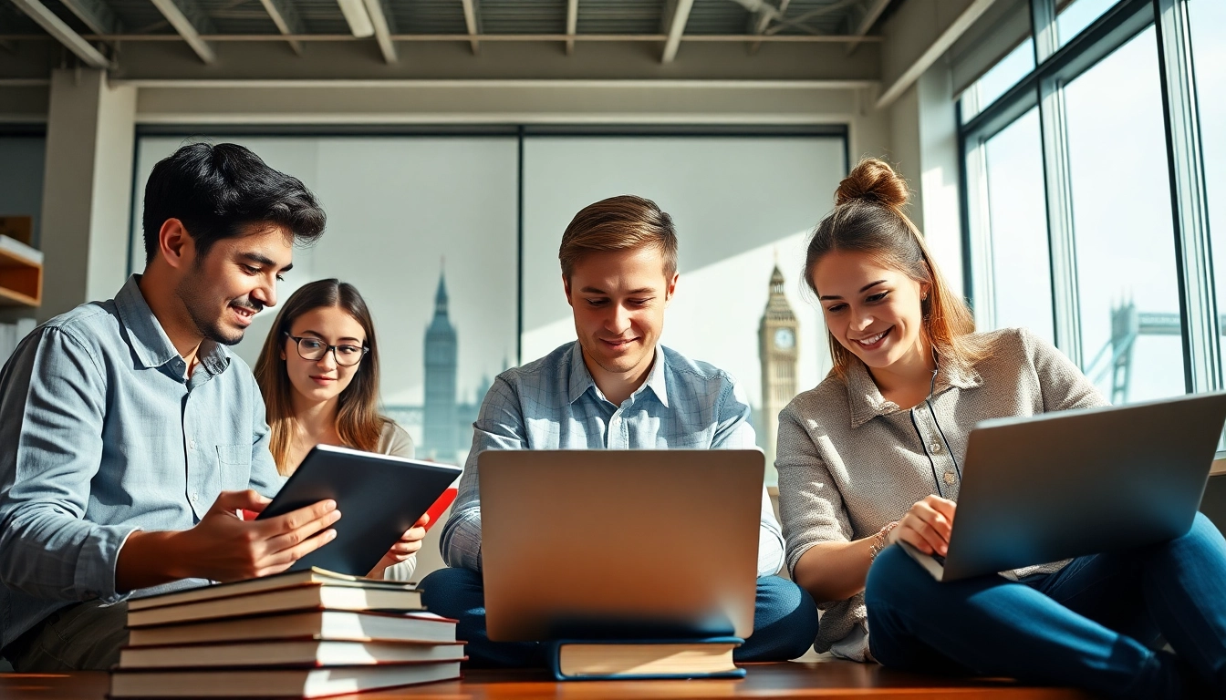 Engaged students pursuing online university degrees from UK while studying in diverse settings.