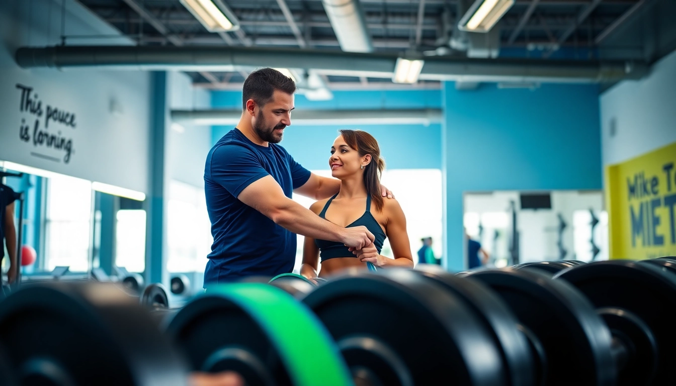 Strength Training Personal Trainer Downtown Jersey City guiding clients through weight training exercises in a vibrant gym setting.