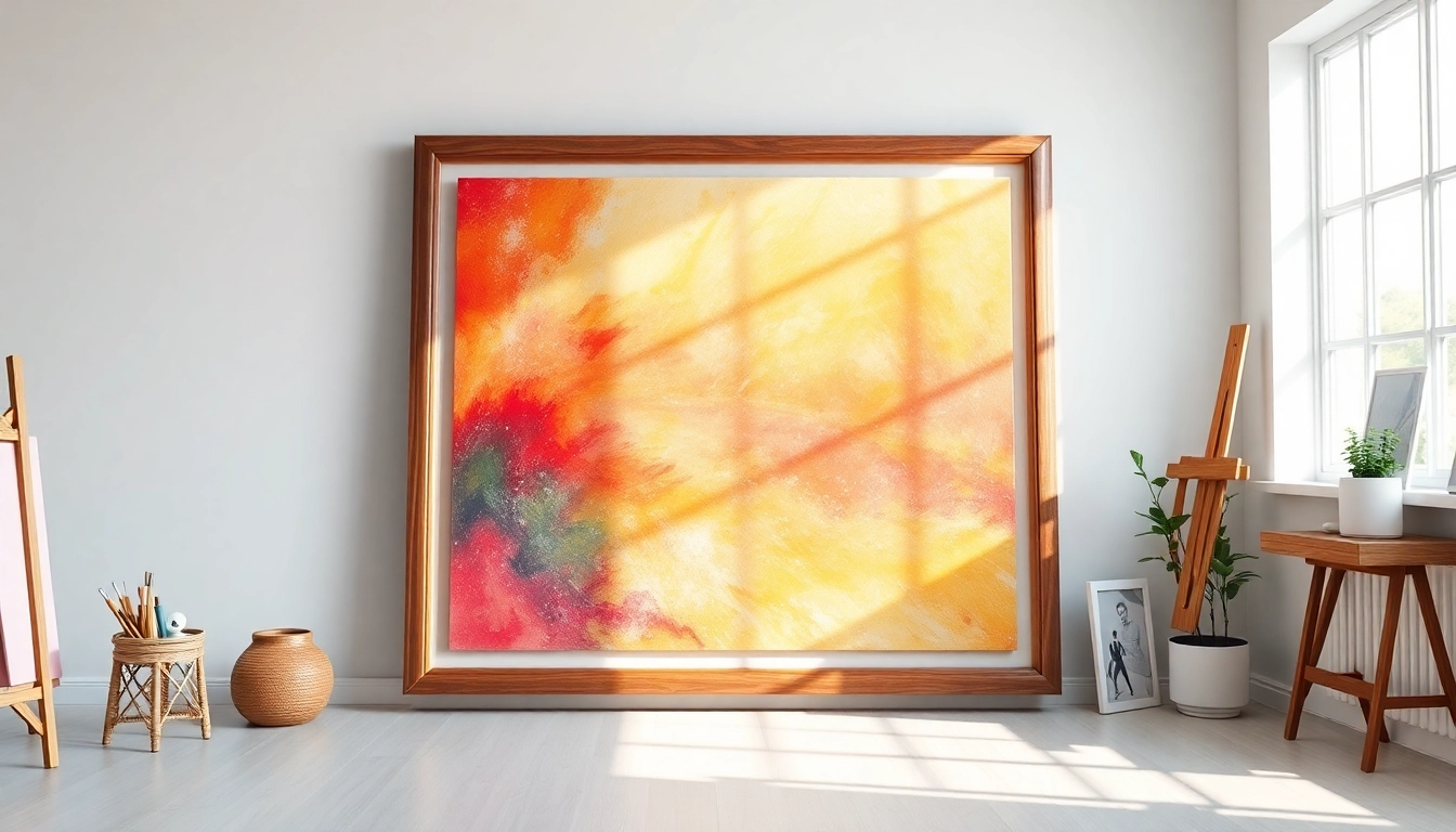 Display a beautiful 36x48 frame holding vibrant artwork in a bright studio