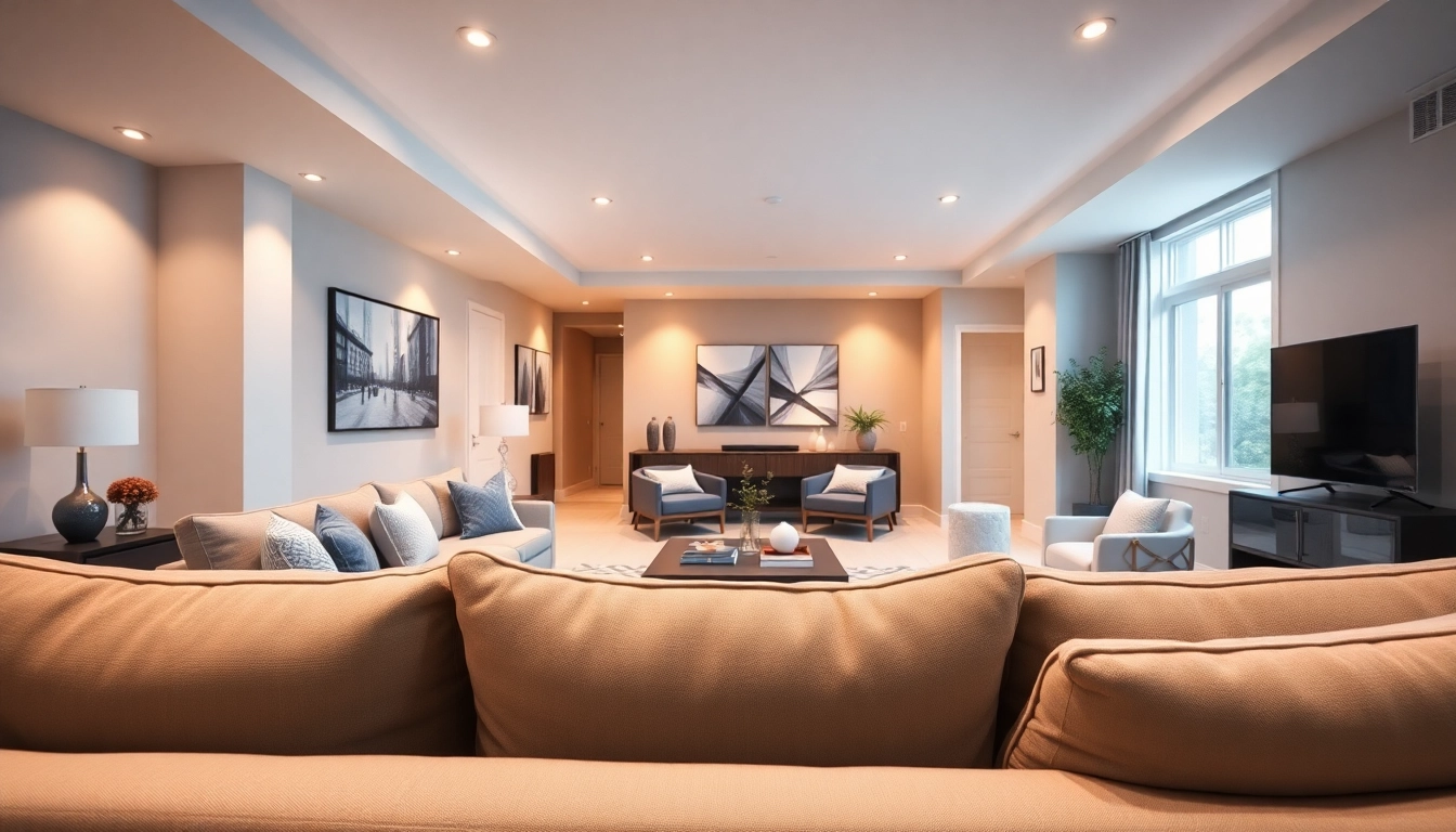 View of finished basements utah showcasing modern design and cozy decor in a well-lit space.