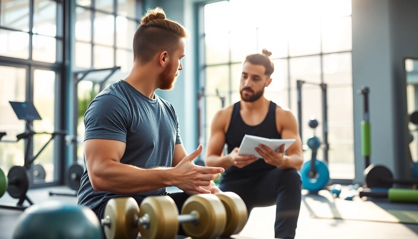 Engaging gym Training Consultation with a professional trainer and client discussing fitness goals