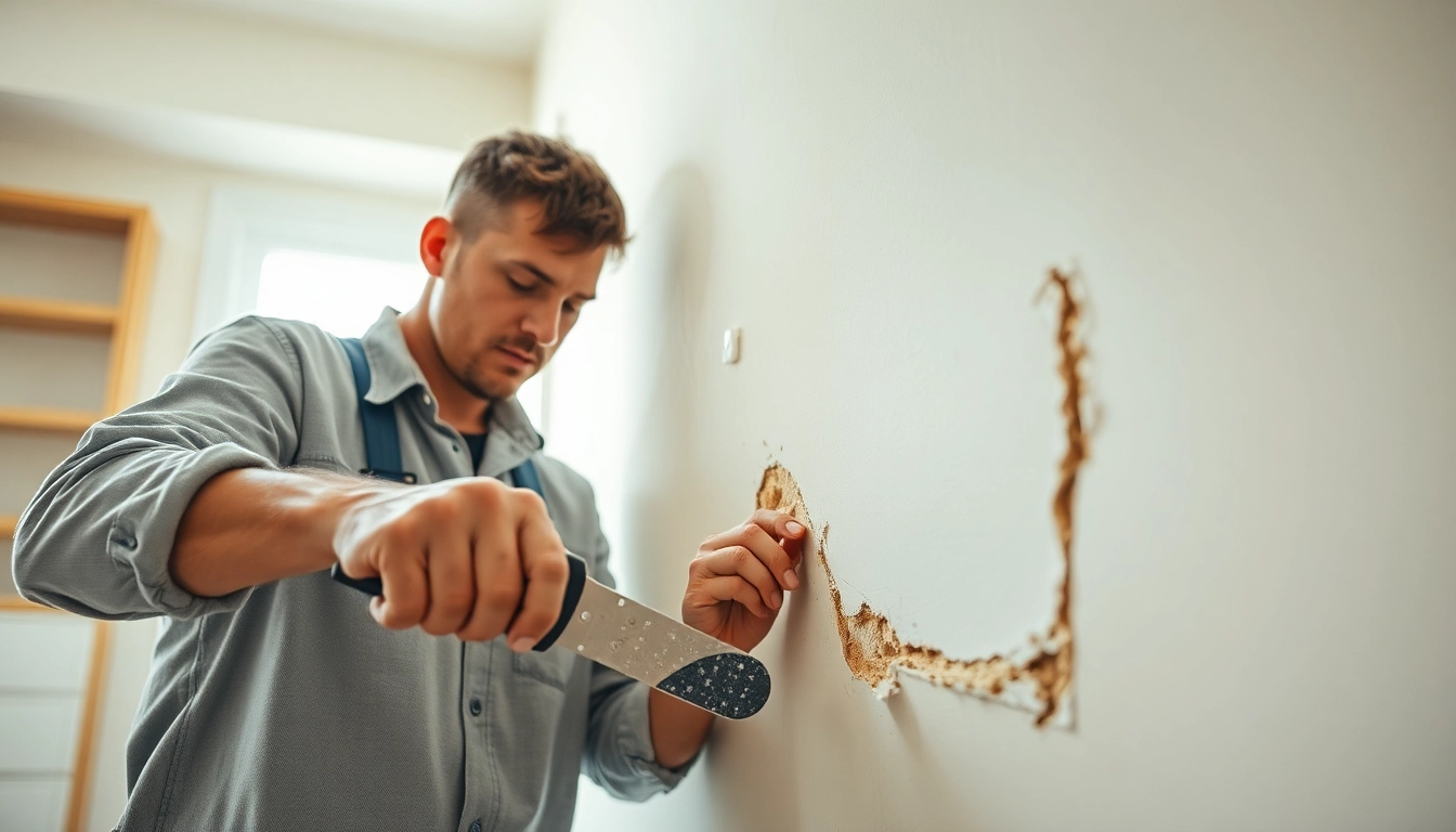 Skilled drywall repair service in Madison, WI, with a technician prepping a wall for repair.