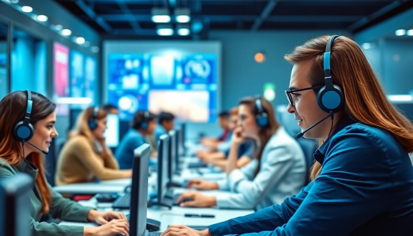 Engaging telephone data collection agents at work in a busy, professional call center.
