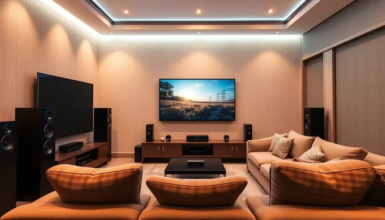 Home theater installation near me in a stylish living room showcasing advanced audio-visual equipment and cozy seating.