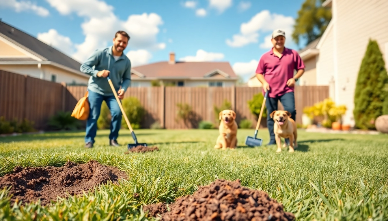 Dog poop cleanup service team efficiently cleaning a backyard, promoting pet waste removal.