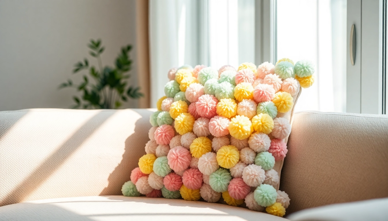 Bright pompom cushion cover on a stylish sofa enhances the cozy living room atmosphere.