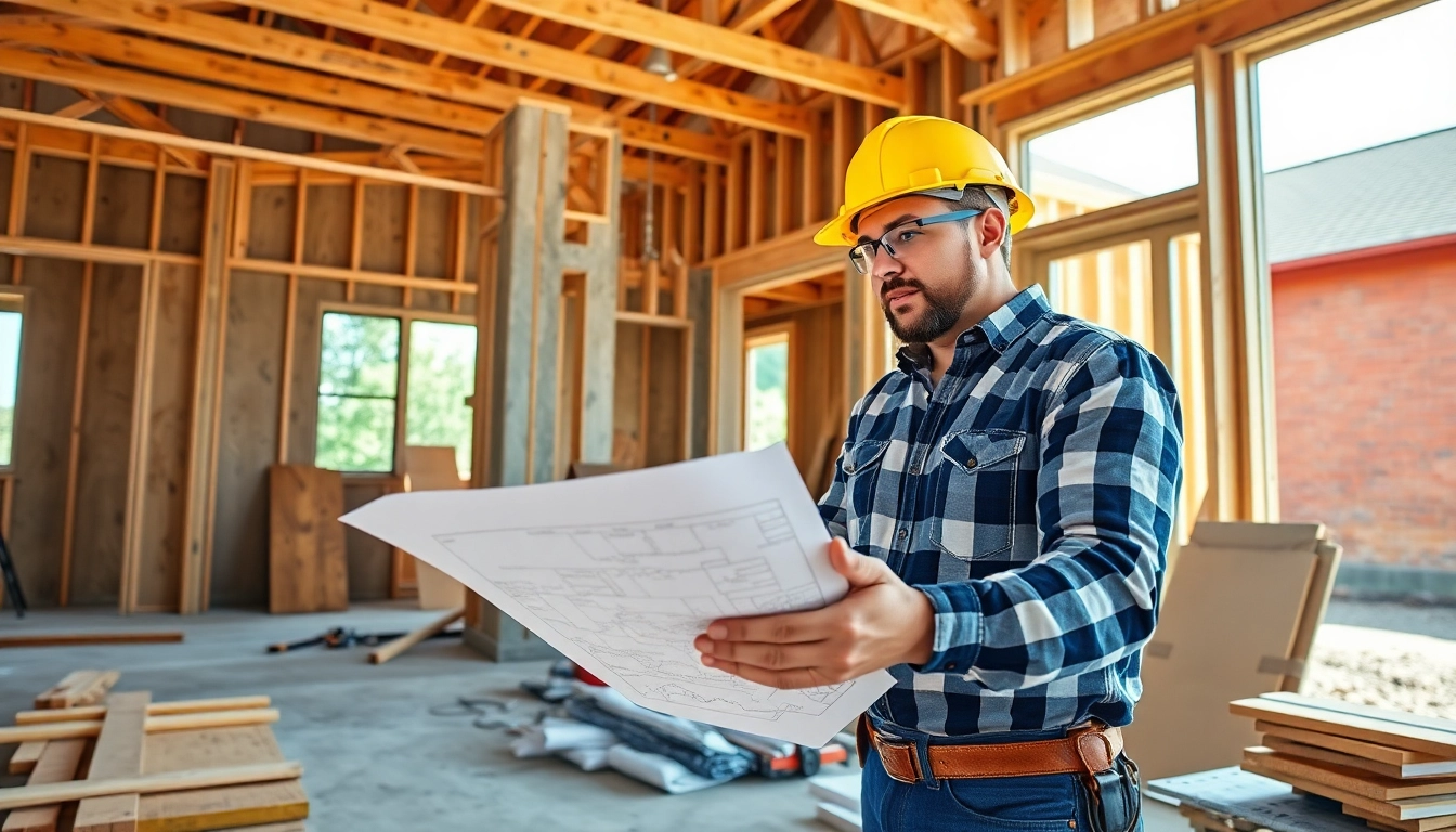 Connecticut home builders reviewing plans at a construction site with bright daylight.