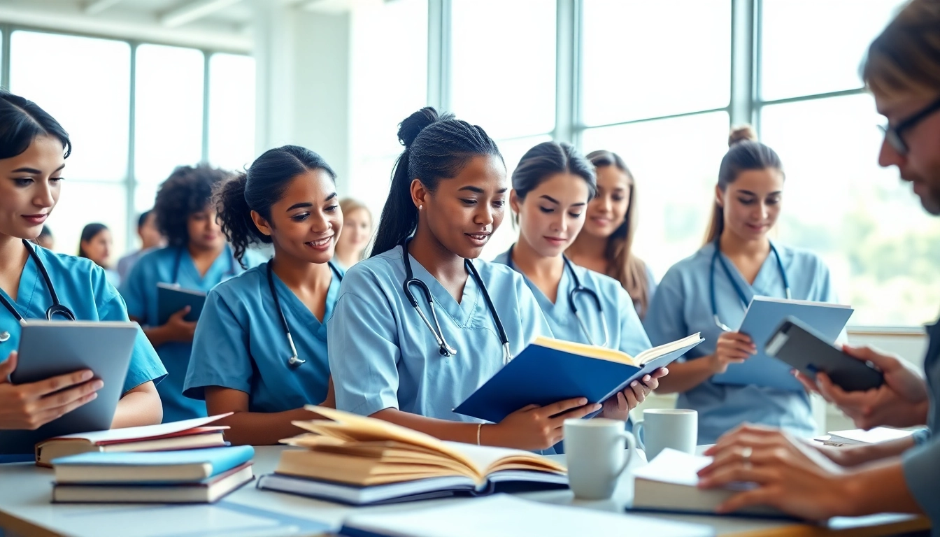 Nursing assignment help with students collaborating and studying in a modern classroom