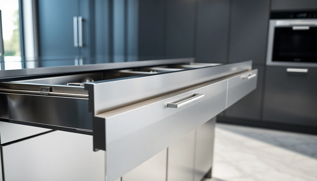 Showcasing a Metal Drawer System within a modern kitchen, highlighting sleek design and smooth operation.