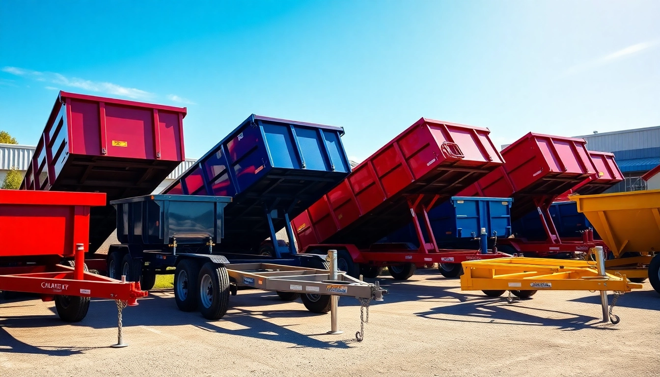 Browse durable dumpster trailers for sale in a vibrant outdoor setting with various models on display.