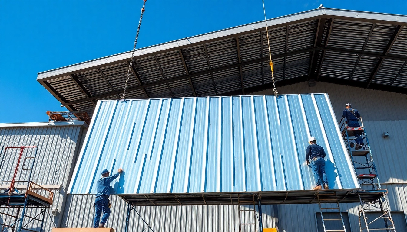 Install commercial metal roofing panels showcasing skilled workers and modern techniques.