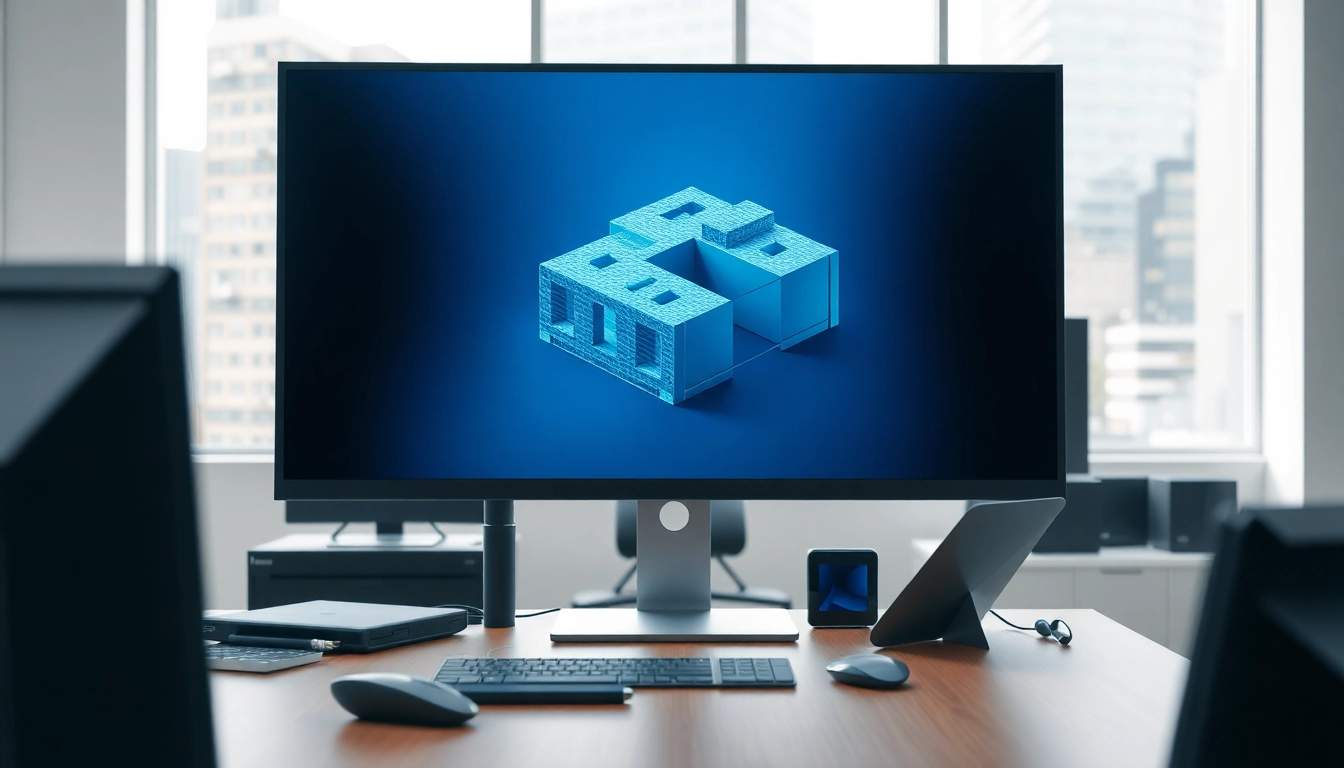 Showcasing 3D model visualizations in a modern work environment with sophisticated screens.