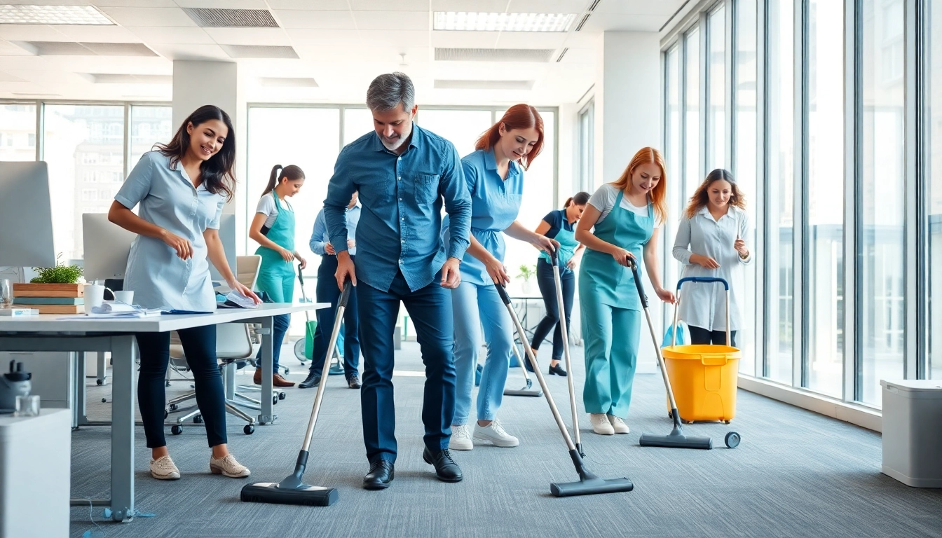 Clean team executing office cleaning Melbourne tasks in a bright, organized workspace.