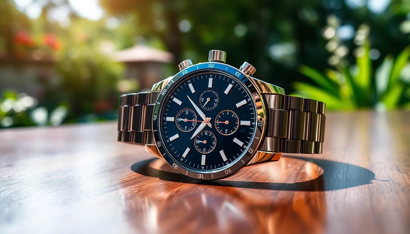Schickes Herren Armbanduhr, im eleganten Design auf einem Holztisch präsentieren.