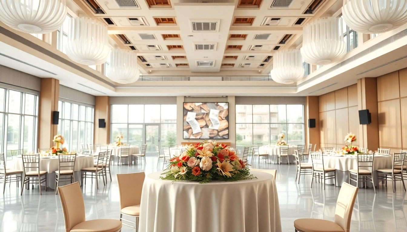 Set for a formal gathering, city venue event center features elegant decor and bright ambiance.