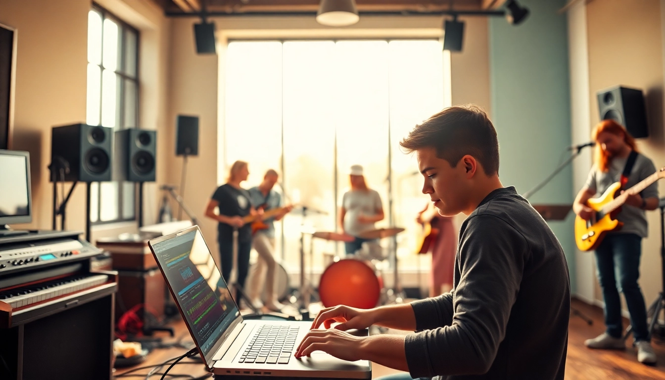 Discover effective music promotion services in a vibrant studio environment with artists and sound equipment.