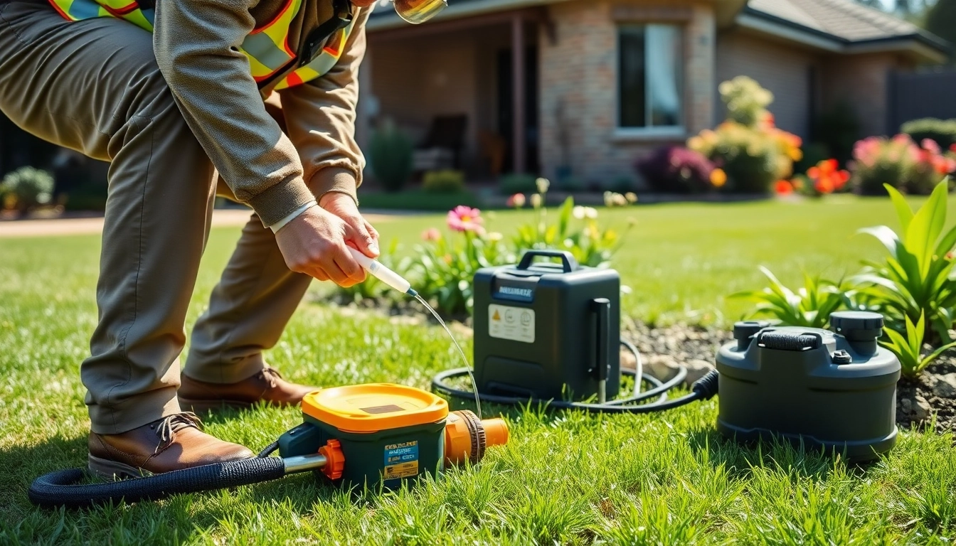 Refilling termite reticulation system refills by a professional pest control technician outdoors.