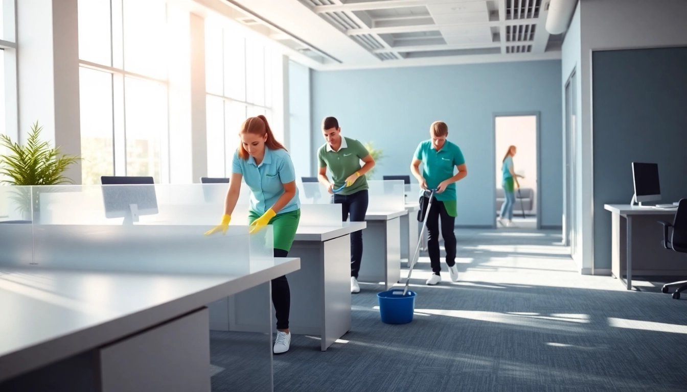 Efficient office cleaning Melbourne team working diligently in a modern office space.