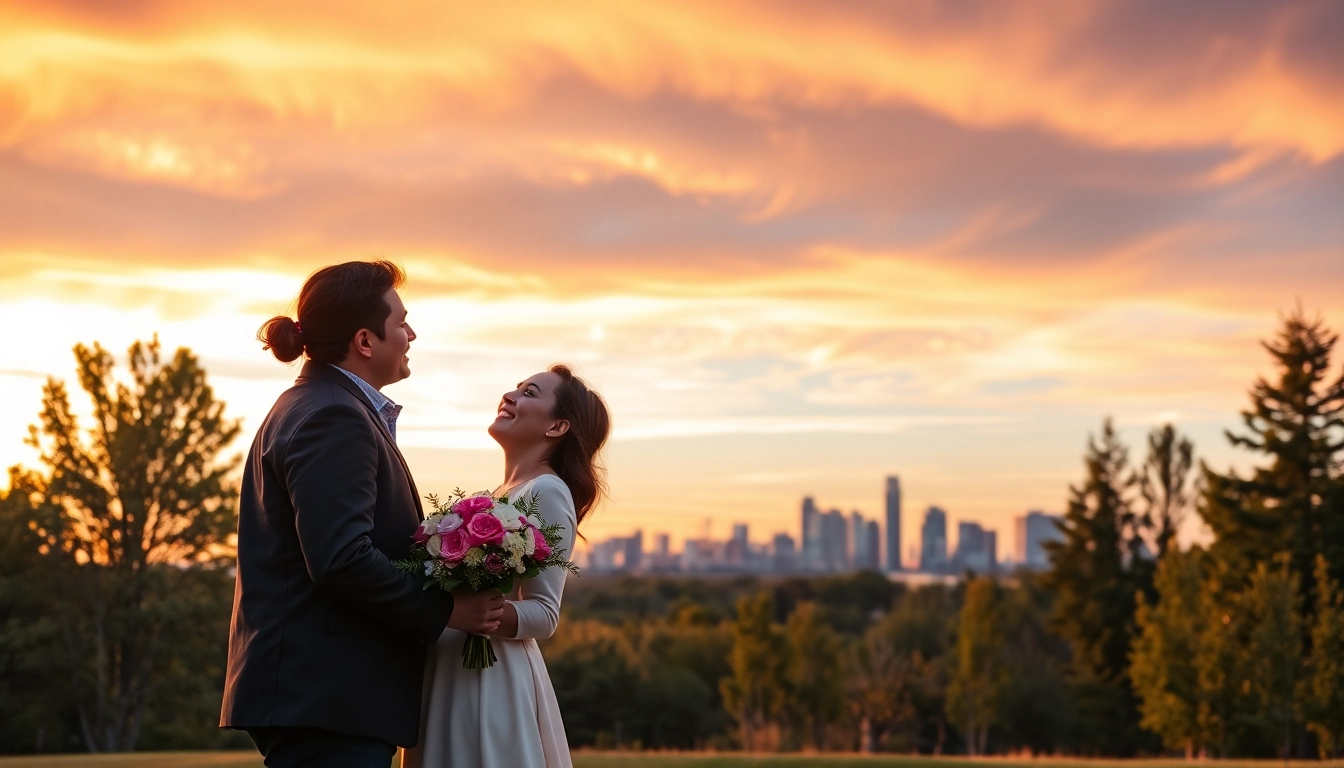Couple photographed by a professional photography company Edmonton during sunset with city skyline.