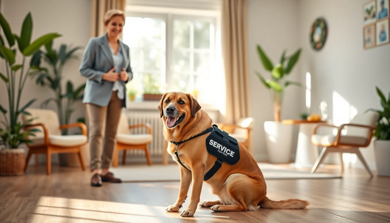 Buy a service dog in a professional setting with a warm connection between handler and service dog.