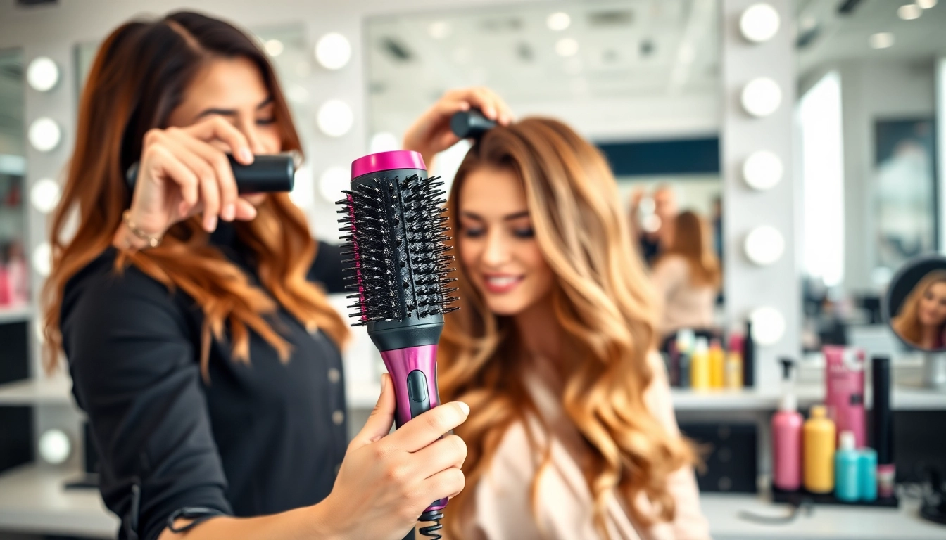 Stylist using a Blow Dryer Brush to achieve a gorgeous hairdo in a vibrant salon setting.