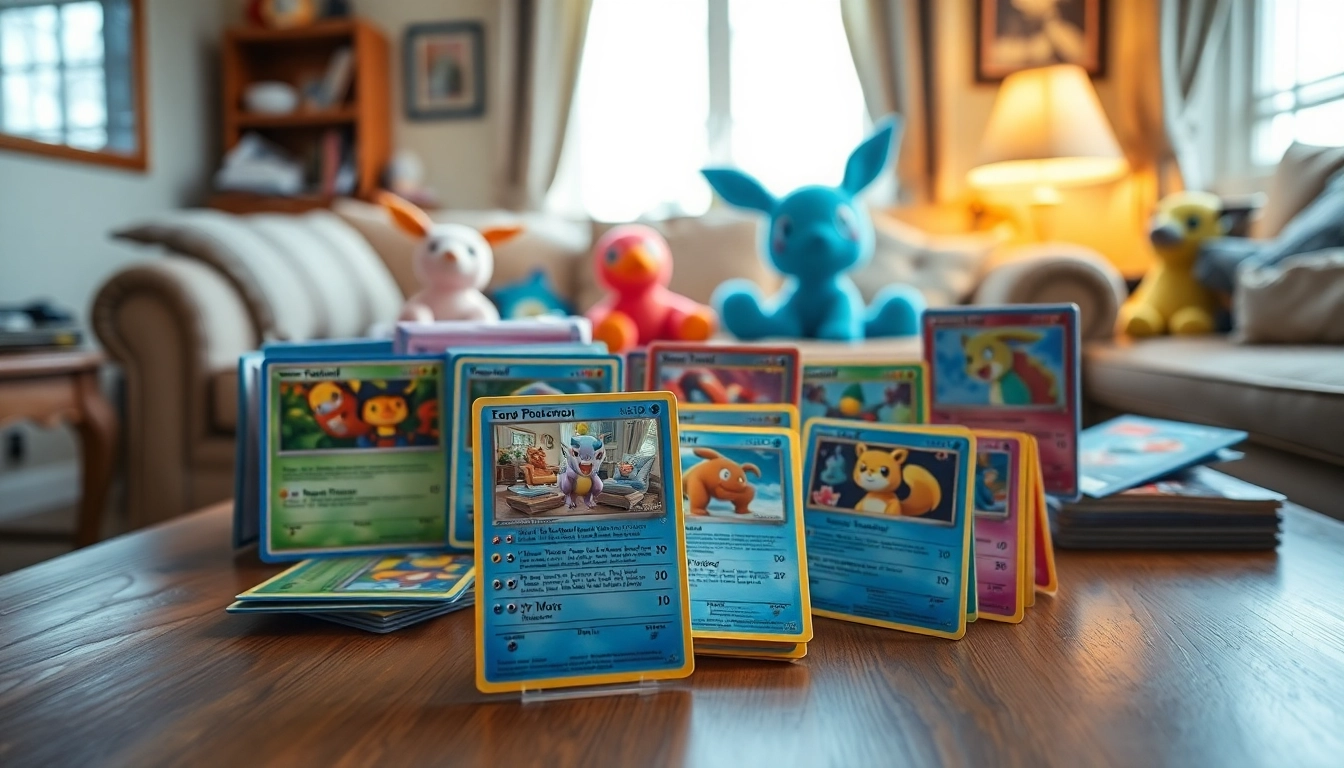 Shop Pokémon cards in India displayed vibrantly in a cozy setting with plush toys and natural lighting.