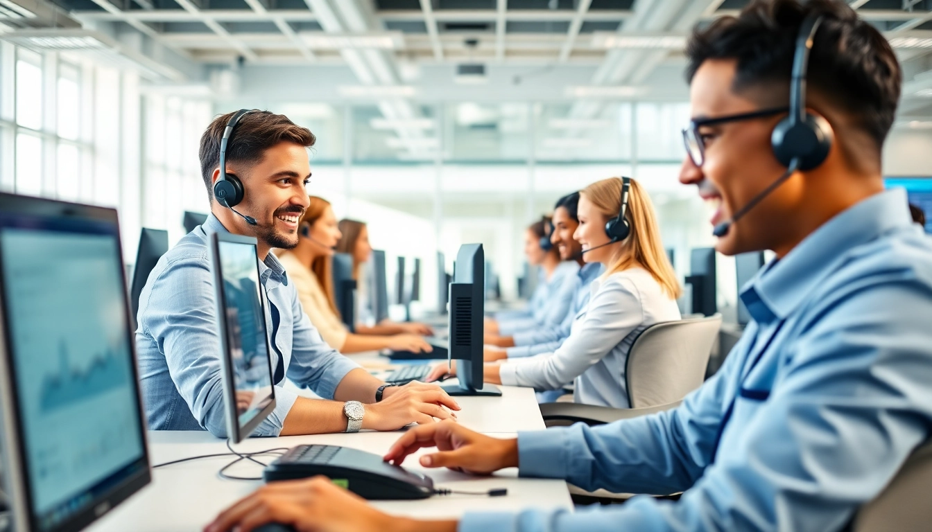 Showcasing Call Center Pricing with agents actively providing customer service in a vibrant call center