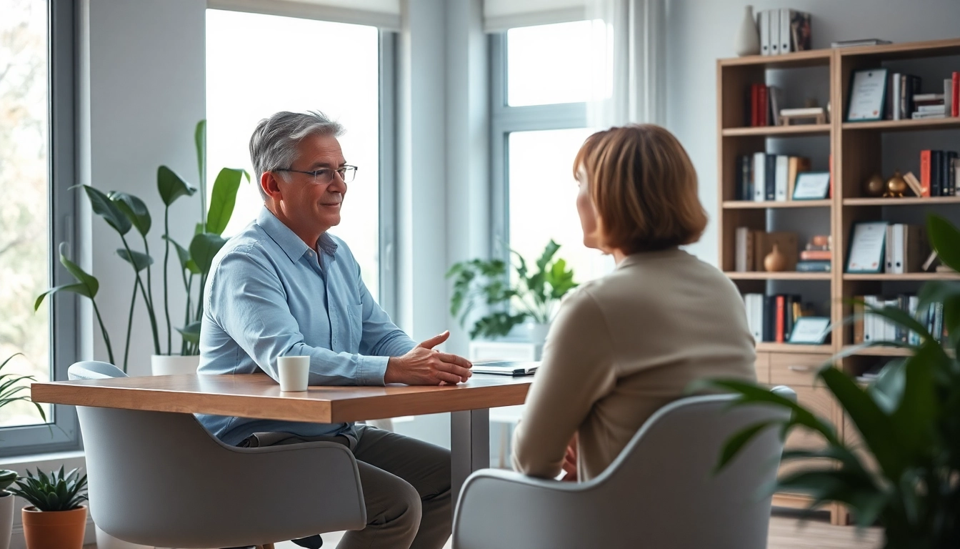 Engaged attachment theory coach guiding a client in a tranquil office setting.