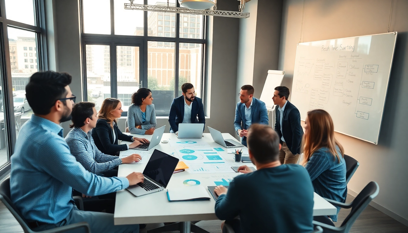 Team collaborating to launch successful startup in a modern office with brainstorming elements.