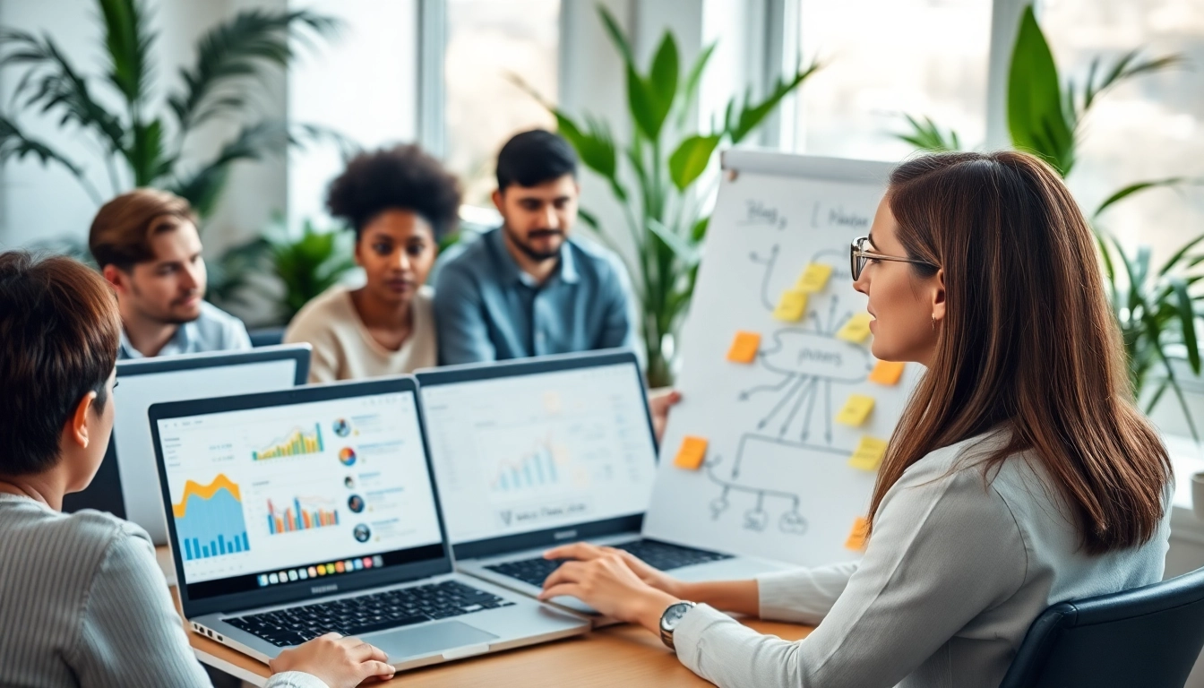 Collaborators developing social media and blog automation strategies in a vibrant workspace.