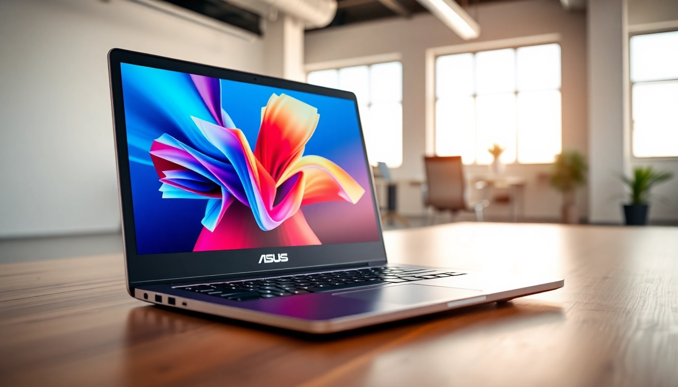 Showcasing the Asus Laptop in a vibrant office setting with a sleek design.