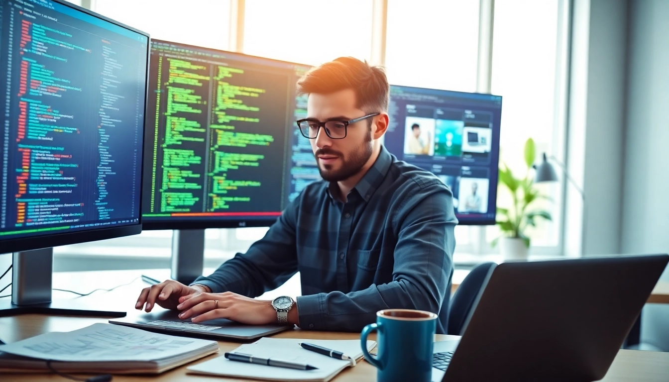 Engaged web developer creating code for innovative web development projects at a vibrant workspace.