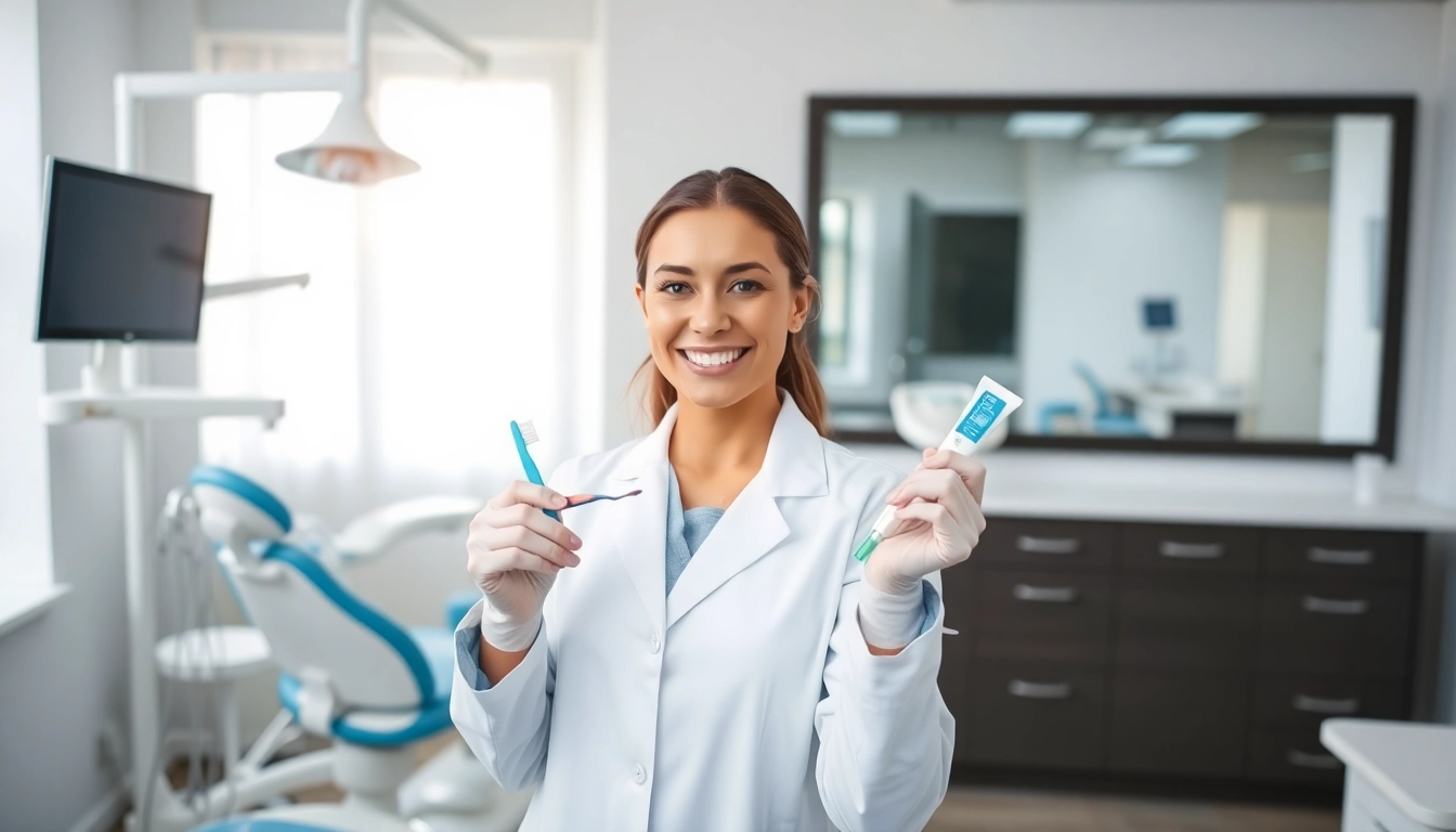 Dental hygienist demonstrating proper hygiene techniques in a professional clinic setting.