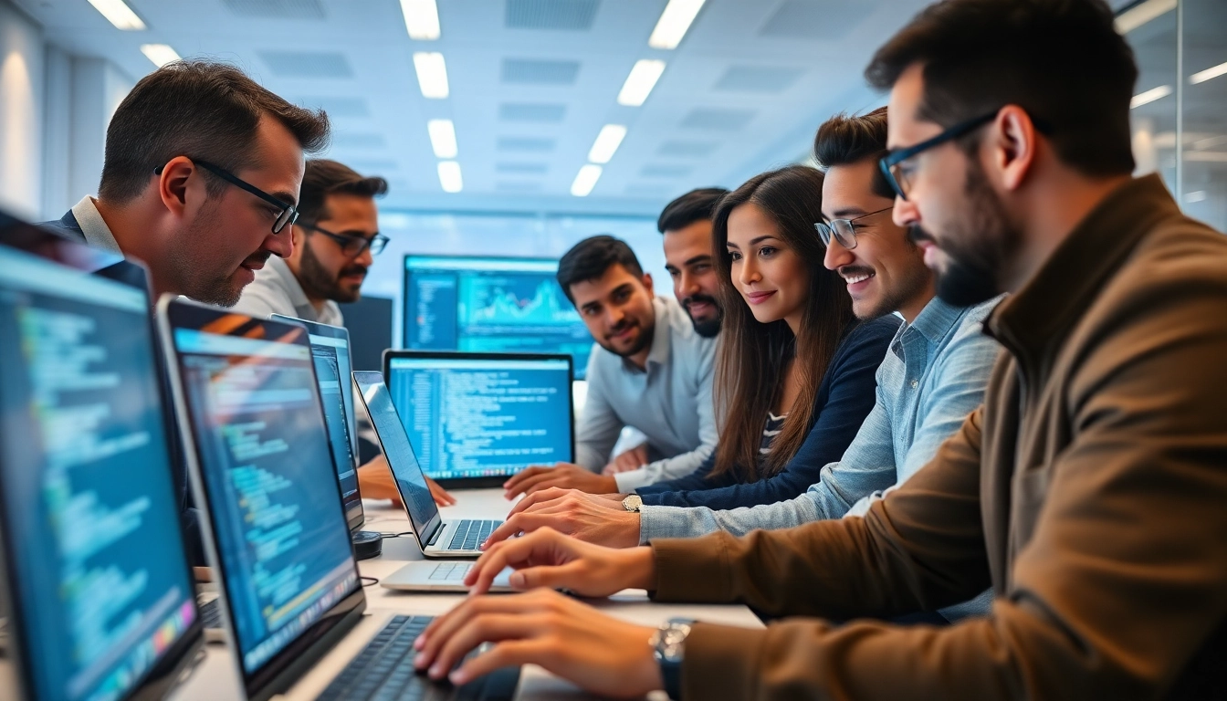Site reliability engineering experts collaborating around high-tech devices in a modern office.