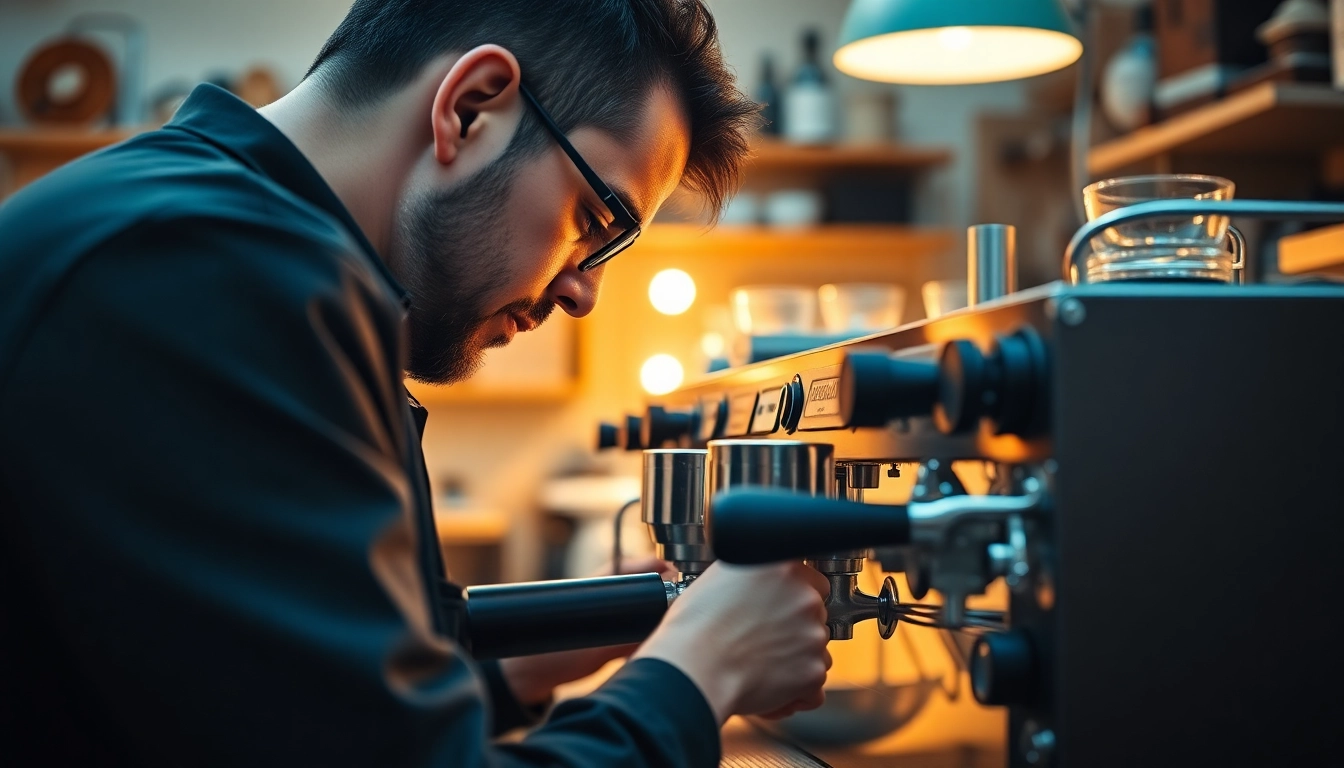 Expert Cimbali tamiri in action, highlighting technician's craftsmanship and coffee equipment.