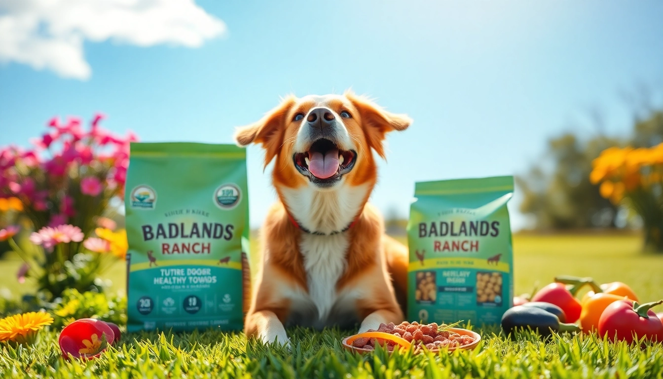 Dog enjoying Badlands Ranch dog food Canada on a sunny day in a lush garden setting.