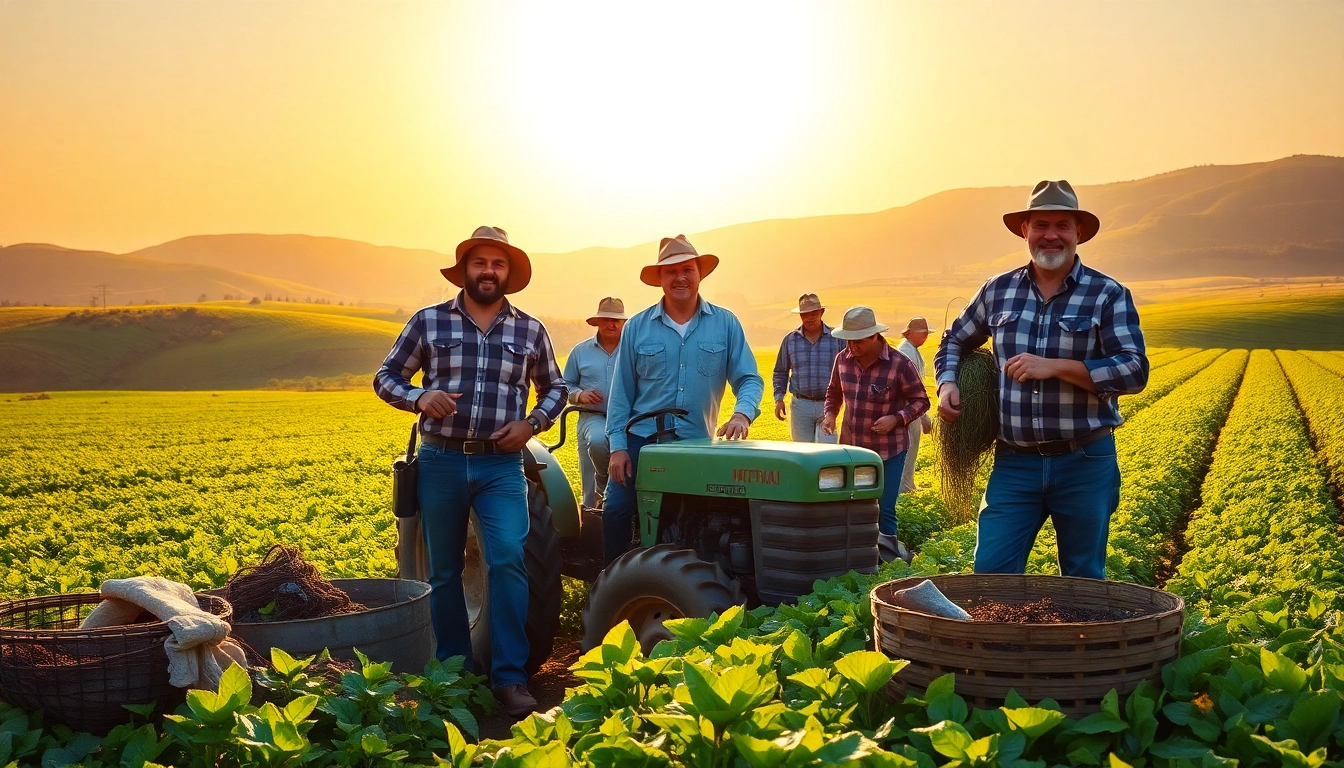 Farmers collaborating in agriculture law contexts among thriving fields and tools.