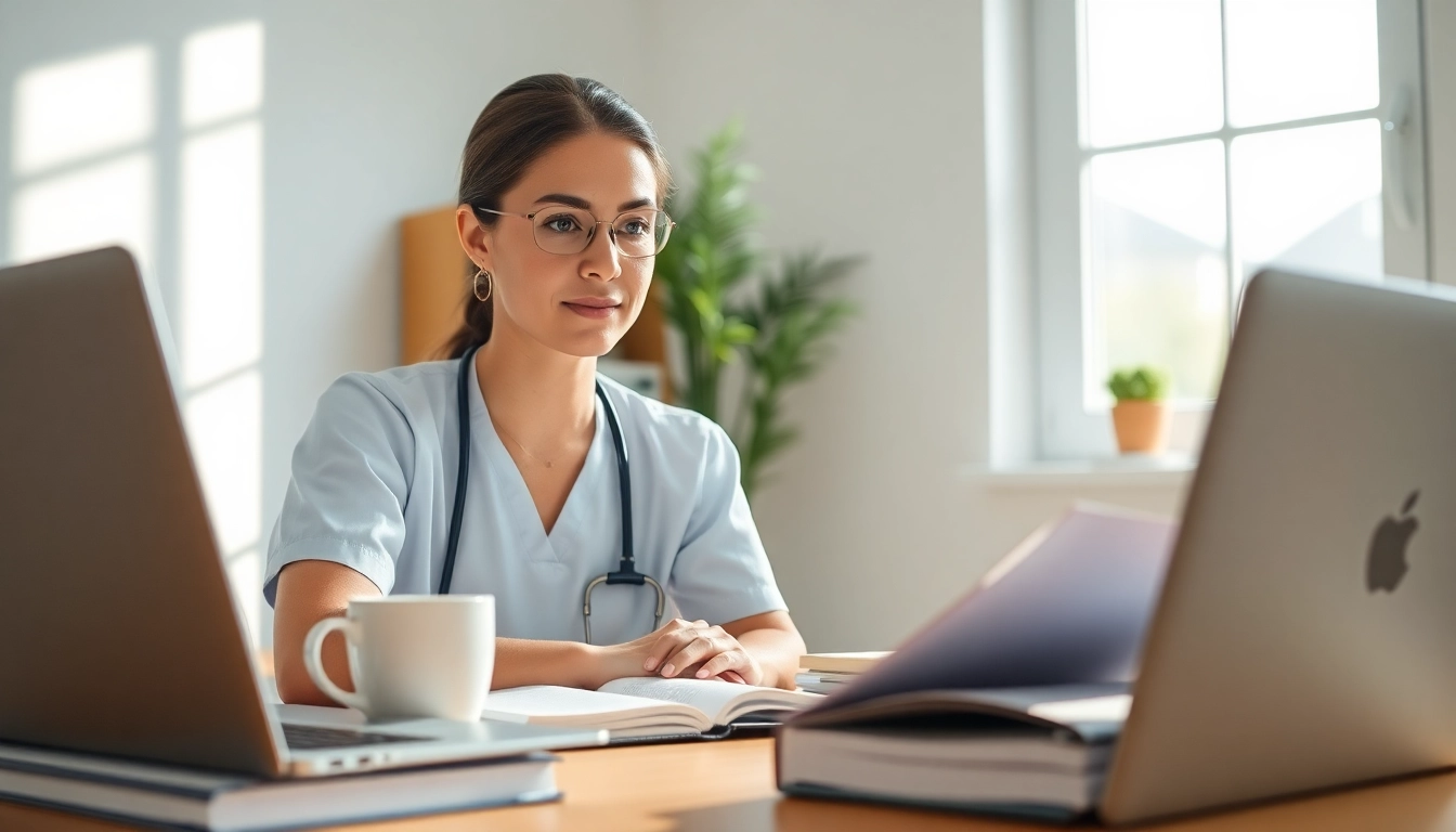 Nurse engaged in online rn ceus studies in a bright workspace with books and a laptop.