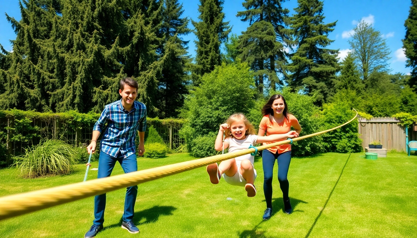 Action-packed garden zip wire kit experience with a family enjoying their backyard adventure.